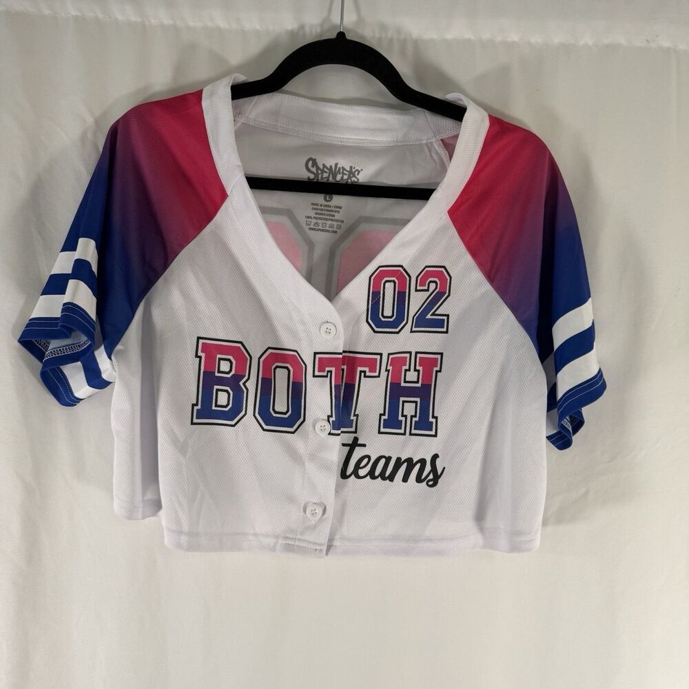 New Spencer's Cropped Jersey Women's Large White Both Teams Short Sleeve Buttons